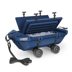 a cooler with wheels and ice in the bottom is shown on a white background, it's attached to a black cord