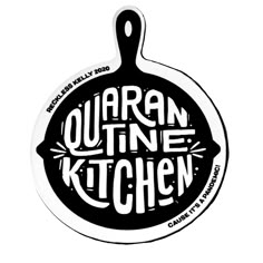 a black and white sticker with the words quaran kitchen on it's side