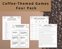 coffee themed games for the four pack on a table with coffee beans and other items