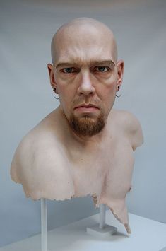 a man with bald hair and piercings stares at the camera while standing in front of a white shelf