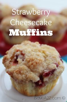 homemade strawberry cheesecake muffins on a white plate with the title above it