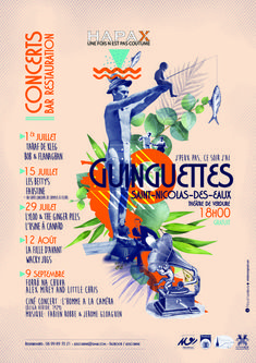 the poster for an upcoming concert is shown in blue and orange colors, with words on it