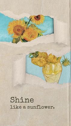 an old book with sunflowers in a vase and torn paper on the cover