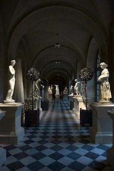 statues line the walls and floor of a hall with checkered tiles on the floor