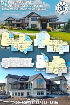 the floor plan for this home is shown in blue and white, with three levels to each