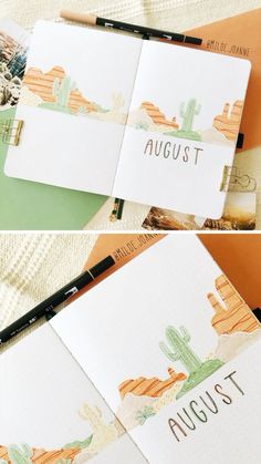 two photos of cactus themed notebooks with the words august written on one side and an illustration of a cactus on the other