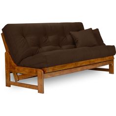 a futon sofa bed with brown pillows on it's back and wooden frame