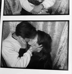 two black and white photos of a man kissing a woman's face in front of a curtain