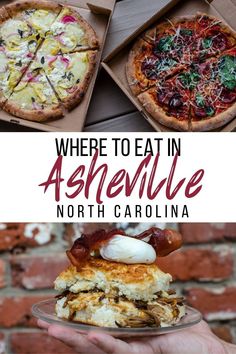 there are two pizzas with different toppings on them and the words where to eat in asplevillee north carolina