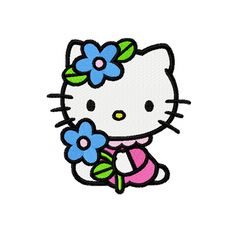 an image of a hello kitty with flowers on her head and holding a flower in her hand