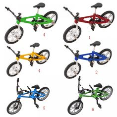 four different types of children's tricycles with numbers on the front and back