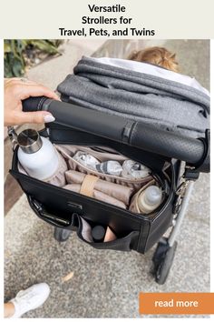 a person is holding an open suitcase full of personal items and the text reads verstati stollers for travel, pets, and twins read more