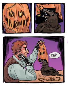 a comic strip with an image of a person holding a bat and a crow on it