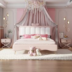 a pink and white bedroom with a chandelier, teddy bear on the floor