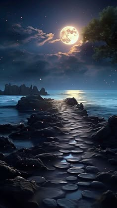 a night scene with the moon and stars in the sky over rocks on the water