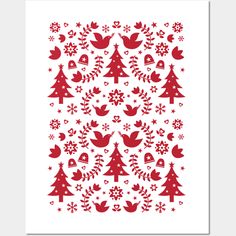 red christmas trees and birds on white paper