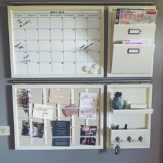 the wall is decorated with magnets and pictures on it, along with other office supplies