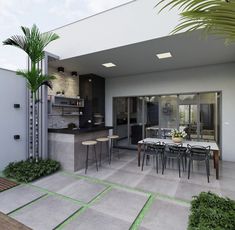 an outdoor kitchen and dining area is shown in this rendering, with palm trees on either side