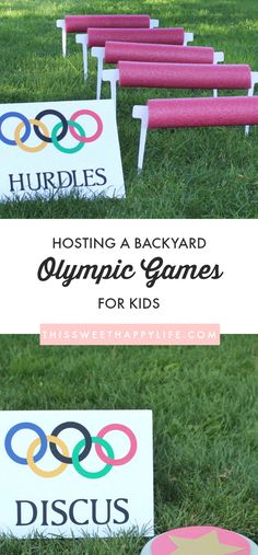 the olympic games are set up in the grass for kids to play with and have their name on them