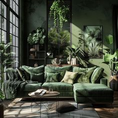 earthy living room, vibrant shades of green, deep forest hues, fresh mint, sage, breathe life, evoke growth, renewal, vitality2 Nature Themed Living Room Ideas, Living Room Nature Theme, Green Boho Living Room, Vintage Room Decor Ideas, Forest Living Room, Nature Living Room, Nature Inspired Living Room, Plant Library, Imperfect Beauty