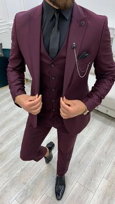 Color Wedding Suit, Wine Color Wedding, Wedding Suit Groom, Men Suit Wedding, Suit For Men Wedding, Suit 3 Piece, Suit Groom, Prom Suits For Men, Stylish Mens Suits