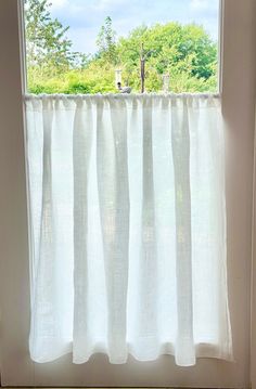 the cat is sitting on the window sill looking out at the grass and trees