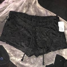 Forever 21 Black Lace Cheeky Shorts Never Worn- (Bought For A Festival) Dm On Insta (Syddelo) For More Pictures Or Questions All Prices Negotiable Willing To Trade Too Black Distressed Shorts, Cheeky Shorts, Forever 21 Jeans, White Denim Shorts, Flowy Shorts, Y2k Summer, Distressed Jean Shorts, Destroyed Jeans, Embroidered Shorts