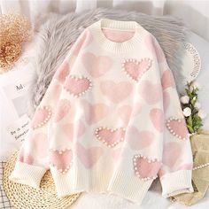 Love Heart Pearl Loose Sweater Kawaii Sweater, Y2k Sweater, Y2k Aesthetic Outfits, Heart Sweater, Knitted Tops, Sweet Heart, Loose Sweater, Kawaii Clothes, Winter Colors