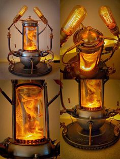 three different views of an old fashioned lantern with fire in it's glass bottles