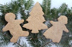 three cookies shaped like christmas trees on top of a snow covered ground with pine needles