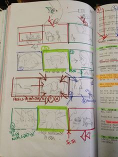 an open book with drawings on it and instructions for how to draw the characters in each section