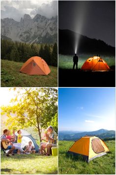 there are four different pictures with people camping