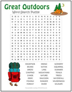 the great outdoors word search puzzle is shown in this printable activity sheet for kids