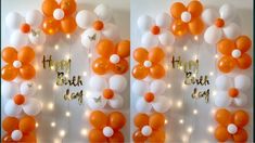 two pictures of balloons with the words happy birthday on them and some white and orange balloons