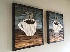 two framed art pieces with coffee cups on them