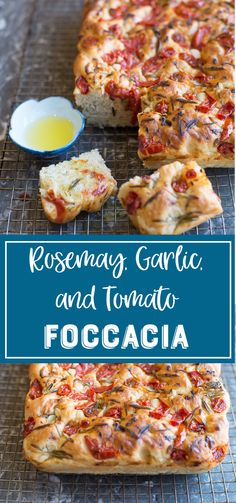 homemade garlic and tomato focacia bread on a cooling rack