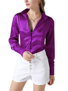 PRICES MAY VARY. Solid color, super soft and comfortable satin silky fabric, collar, buttons down, long sleeve, plain work blouse for women and girls. Relax fit, regular length. Basic collar long sleeve shirt with satin silky fabric, wear it can bring you a happy day, it is a must-have top for your wardrobe. Elegant style. Pair this buttons down office tunic with any pants, jeans, skirt for a beautiful look. Satin silky long sleeve top for autumn and winter. Perfect for daily, work, office, busi Sleeve Work Blouse, Button Down Shirt Women, Satin Button Down Shirt, Purple Outfits, Jeans Skirt, Silky Fabric, Office Business, Blouse Shirt, Work Office