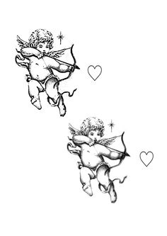 two cherubs flying in the sky with hearts