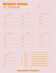 a printable weekly meal planner with orange and white squares on the front, in an orange background