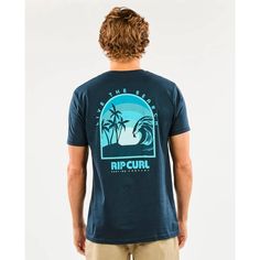 * Rip Curl Men's Tee * Front And Rear Graphic * Crew Neck * Short Sleeve * Standard Fit * 100% Cotton * Imported * Mpn 05hmte * Color Dark Navy Blue Graphic Tee With Back Print, Blue Short Sleeve Top With Back Print, Blue Crew Neck Shirt With Front Print, Blue Short Sleeve Top With Front Print, Blue Summer Shirt With Front Print, Blue Shirt With Front Print For Summer, Surf Tee Shirt, Surf Apparel, White Short Sleeve Shirt