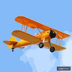 an orange biplane flying in the sky with a map behind it and blue skies above