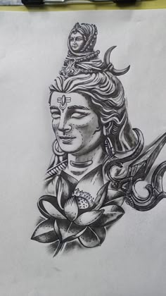 a pencil drawing of a woman holding a knife and flower in her hand with the head of a god on it