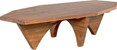 a wooden table with two legs and a curved design on the top, sitting against a white background