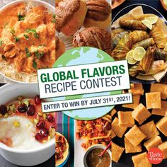 the cover of global flavors recipe contest, with pictures of different foods and desserts