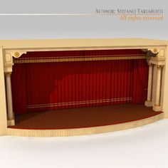 an empty theater stage with red curtains and gold trim on the sides, in front of a white background