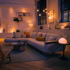 a living room filled with furniture and lights