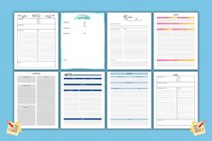 the printable planner pages are lined up on top of each other with notes attached to them