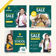 four school flyers for sale with different photos and text on the front, back to school