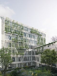 an architectural rendering of a building with plants growing on the side and in the front