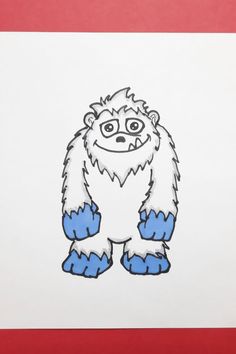 a drawing of a bigfoot with blue feet on a red and white paper background